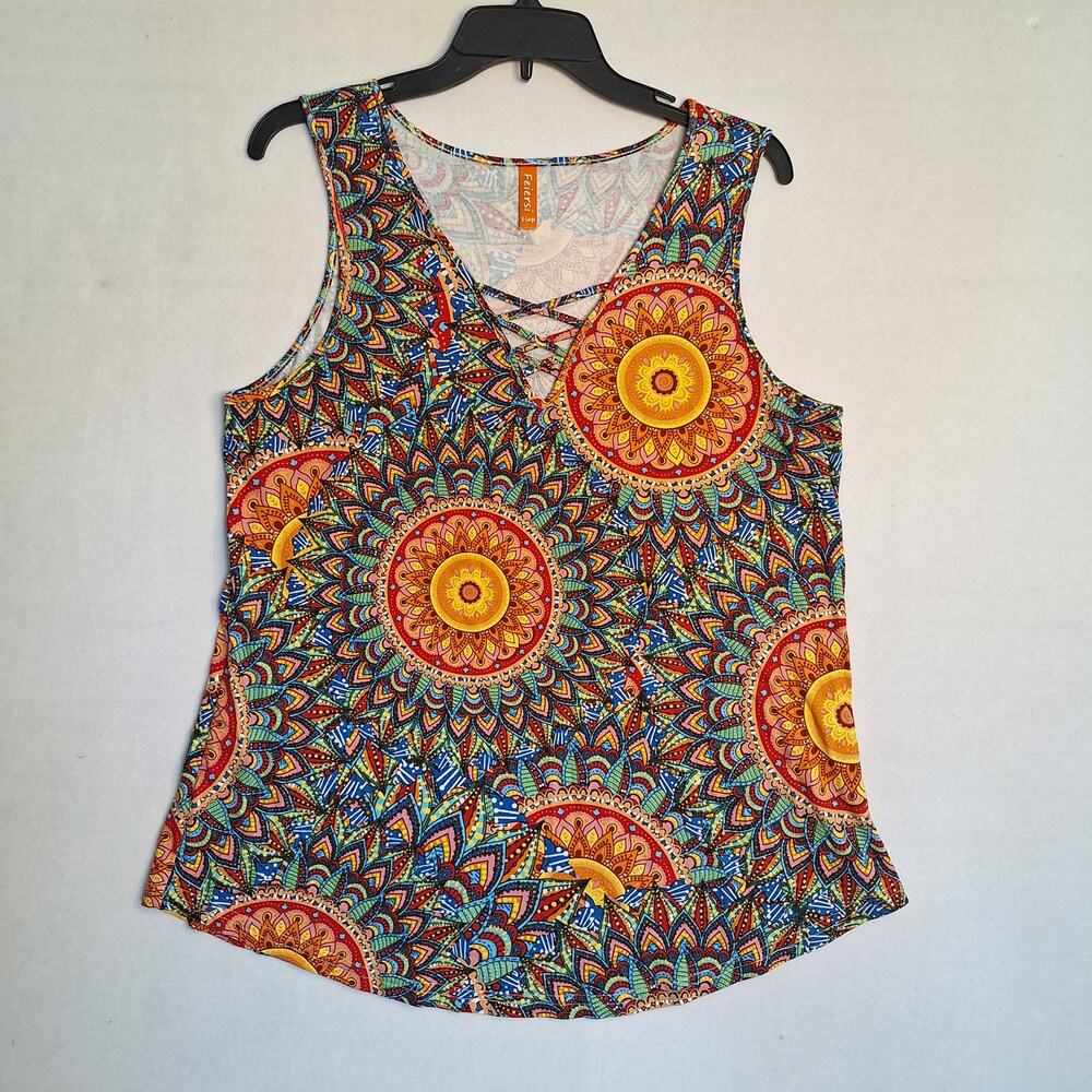 Feiersi Womens Tank Top XL Mandala Print Multi Color Criss Cross Front Boho